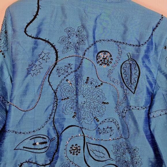 Vintage Bleu Bayou Sz L 100% Silk Jacket Teal Sequin Embroidered Black Glam - Picture 4 of 7